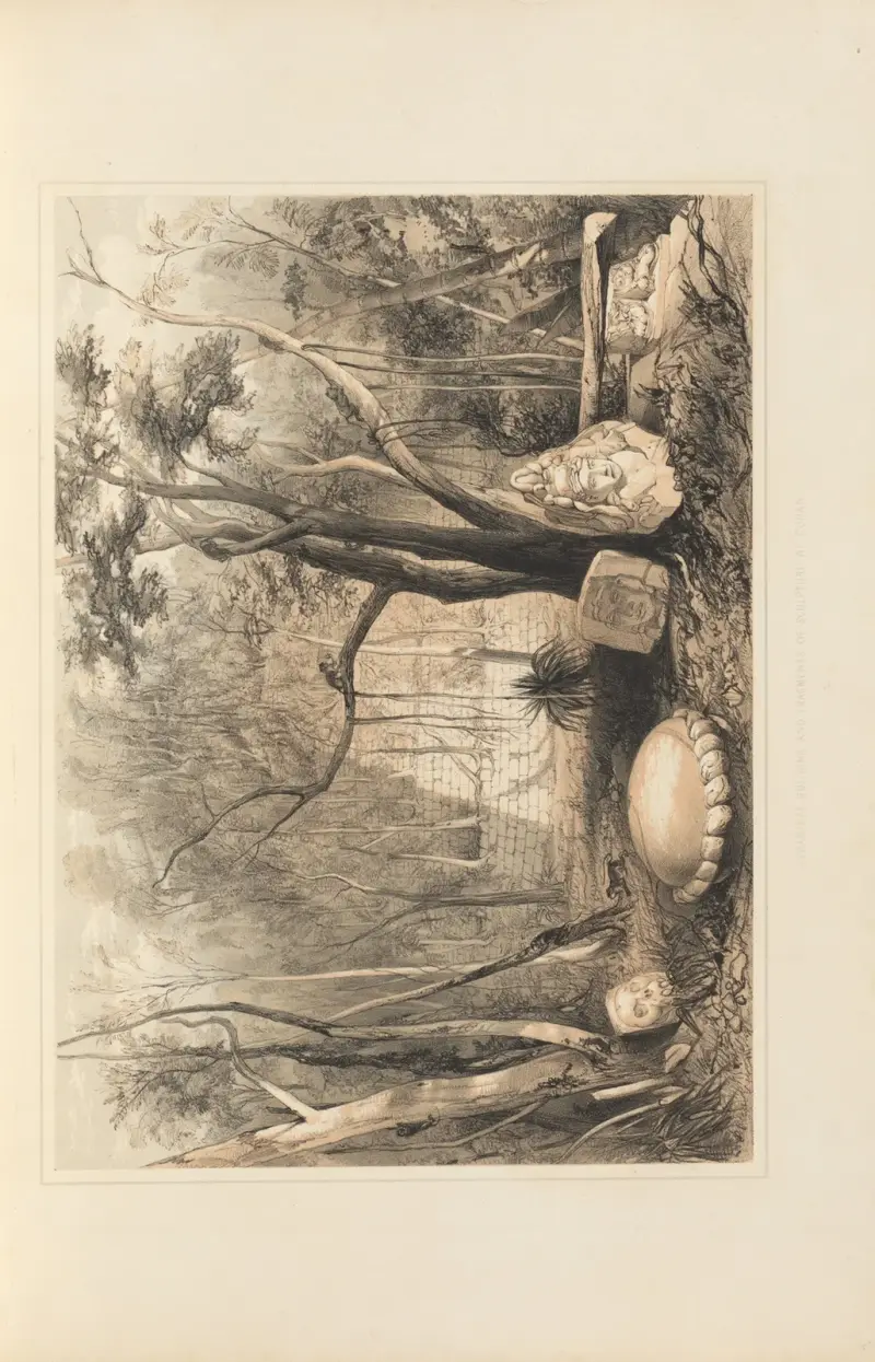 Pyramidal building and fragments of sculpture at Copan av Frederick Catherwood