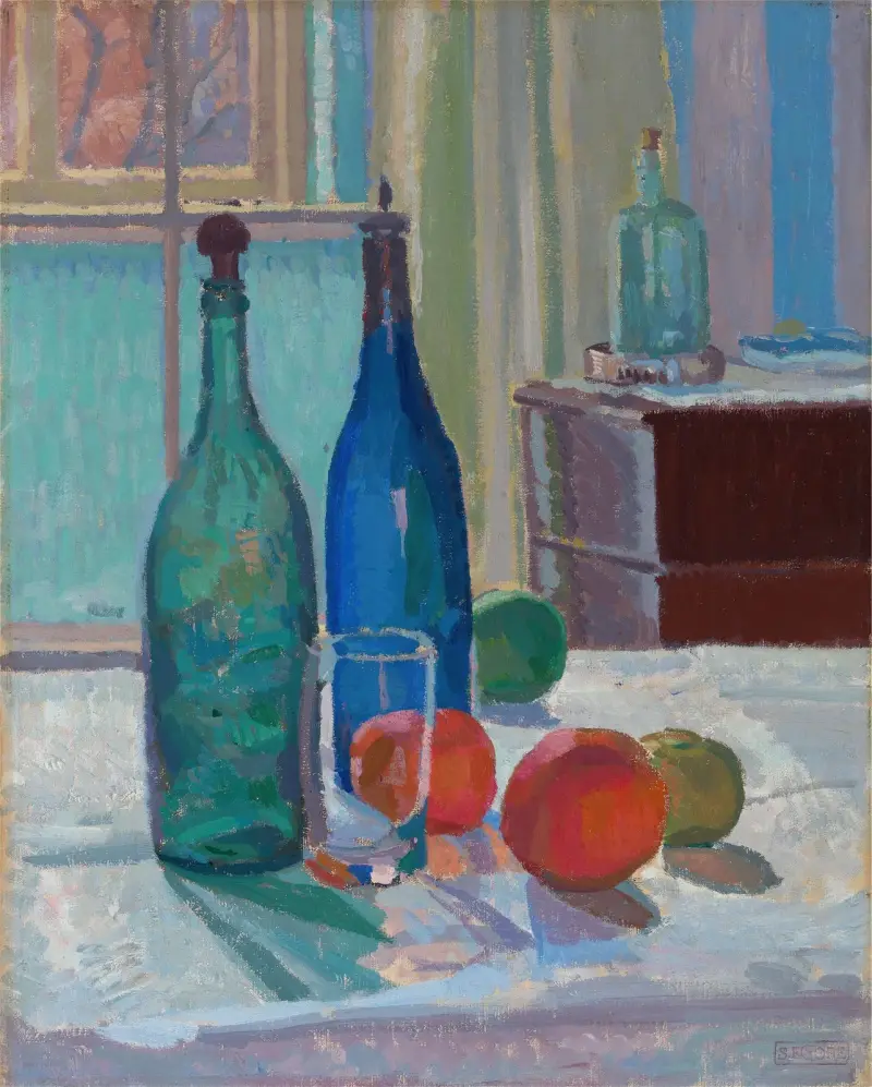 Blå och gröna flaskor med apelsiner av Spencer Frederick Gore