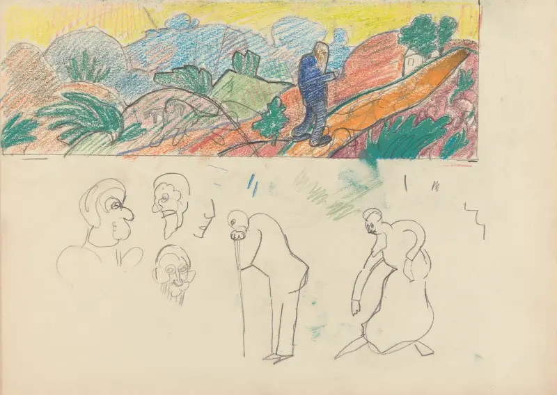 Cave of the Golden Calf; Study for a Mural Decoration, Old Man in Landscape av Spencer Frederick Gore