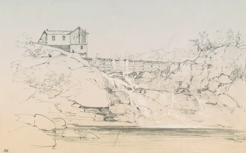 Byggnad vid en damm av John Frederick Kensett