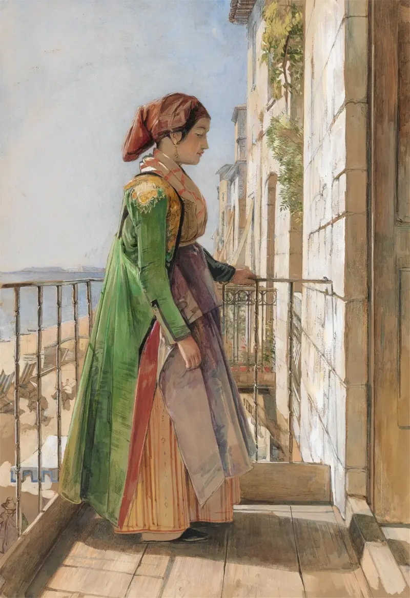 En grekisk flicka stående på en balkong (A Greek Girl Standing on a Balcony) av John Frederick Lewis