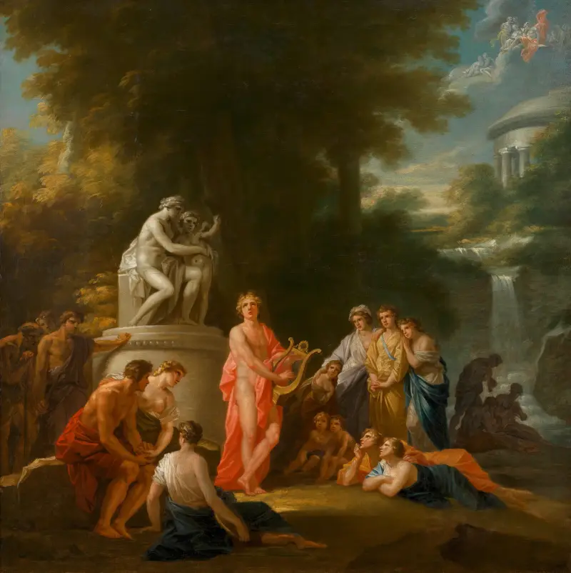 Apollo spielt auf der Lyra im Kreis der Hirten (Entwurf für den Vorhang des Alten Burgtheaters) av Heinrich Friedrich Füger