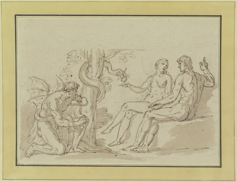 Der Sündenfall, am Baum der Erkenntnis kauert ein Dämon av Heinrich Friedrich Füger