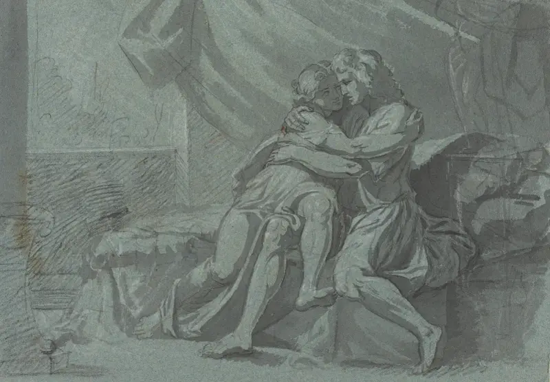 Embracing Lovers in Classical Dress – A Woman in Classical Dress Looking Up av Heinrich Friedrich Füger