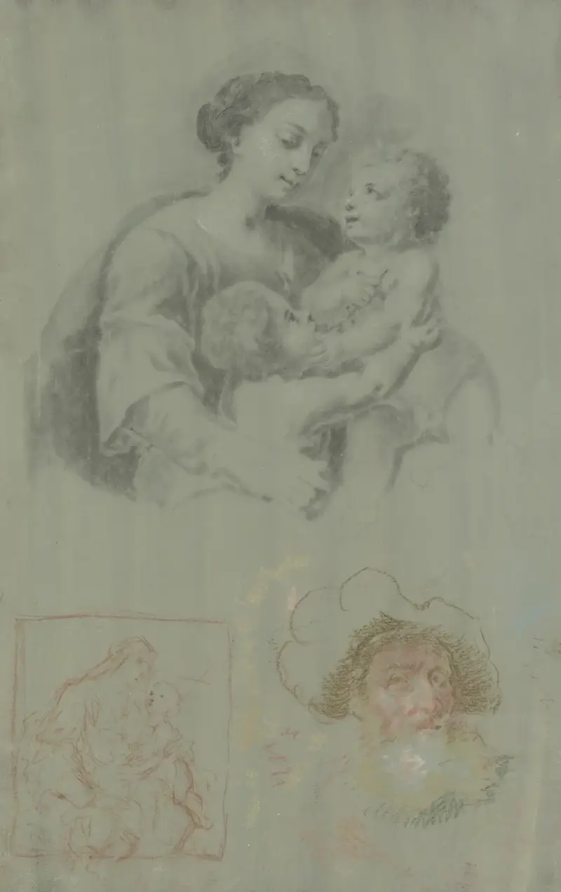 Studienblatt mit einer Madonna mit dem Kind und dem Johannesknaben, dazu ein bärtiger Mann mit Mütze von Heinrich Friedrich Füger
