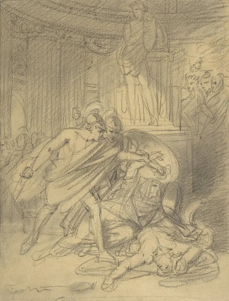 Two Warriors in Classical Costume Bending over Two Figures av Heinrich Friedrich Füger