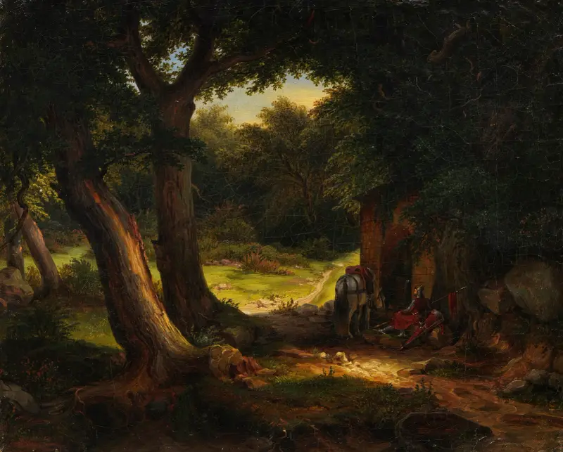 Eichenwald mit einem am Brunnen rastenden Kreuzritter av Karl Friedrich Lessing