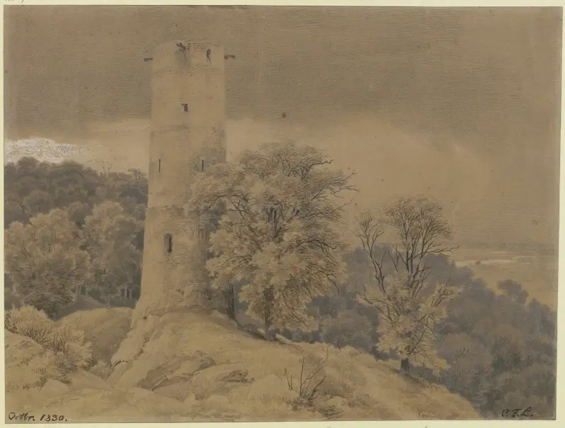 Lesní krajina se strážní věží, Karl Friedrich Lessing