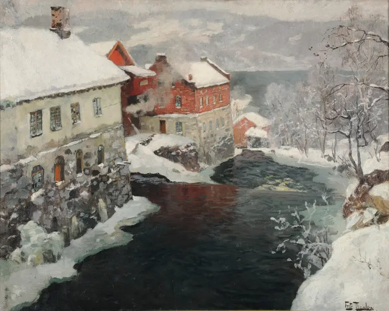 Fabriques en Norvège, les deux moulins sur la rivière Mesma av Frits Thaulow