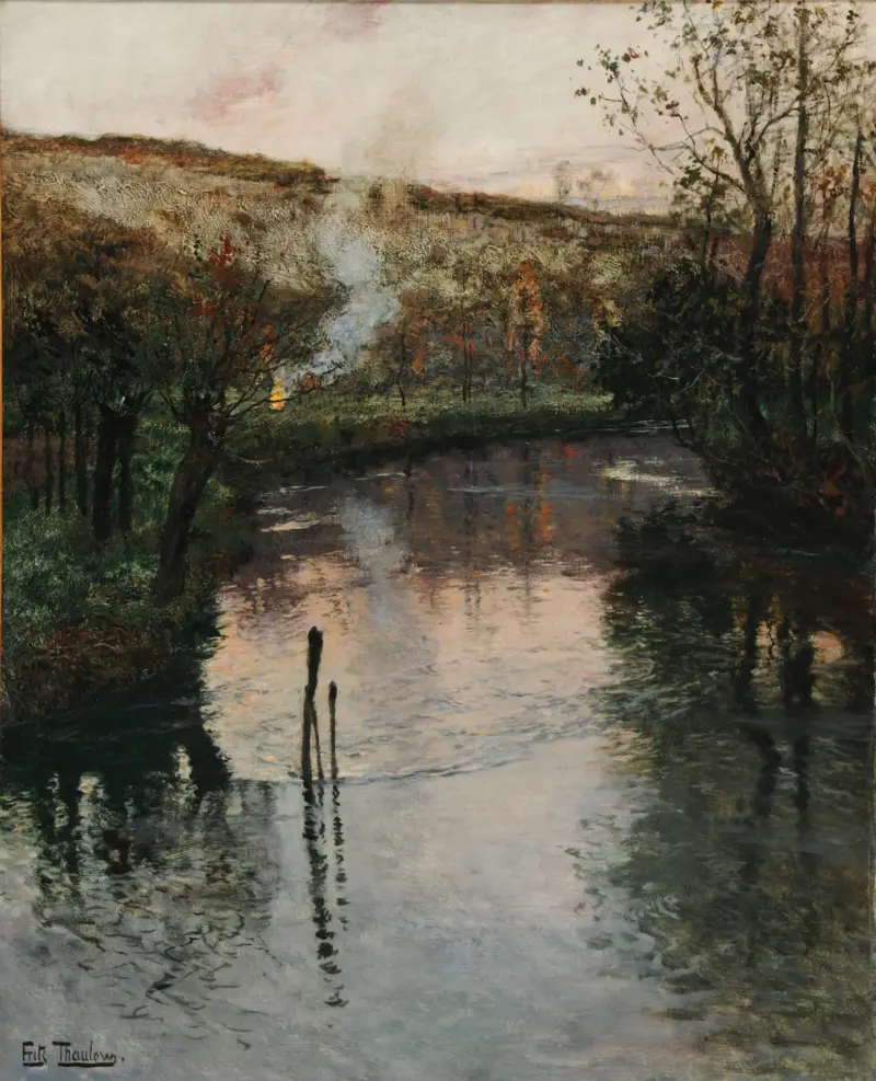 Soleil couchant sur l’Arques à Péquigny av Frits Thaulow
