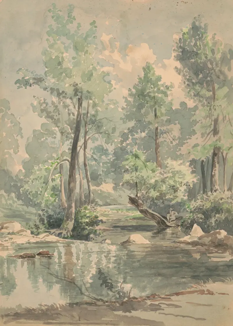 A man sitting on a fallen tree at the edge of a shaded stream av James Fuller Queen