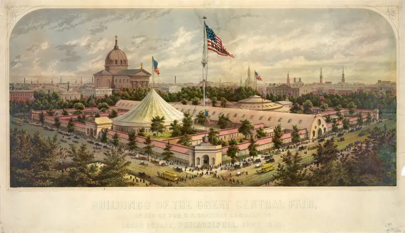 Buildings of the Great Central Fair, in aid of the U.S. Sanitary Commission, Logan Square, Philadelphia, June 1864, 1864 – nr 2 av James Fuller Queen