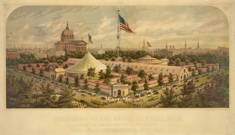 Buildings of the Great Central Fair, in aid of the U.S. Sanitary Commission, Logan Square, Philadelphia, June 1864, 1864 – nr 1 av James Fuller Queen