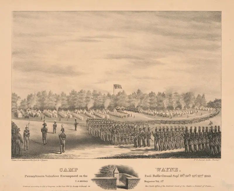 Camp Wayne. Pennsylvania volunteer encampment on the Paoli battle ground Sept. 19th, 20th, 21st, 22nd 1840 av James Fuller Queen