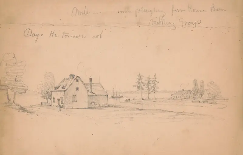 Days historical col. Mill – men ploughing farm house barn – milking group. av James Fuller Queen