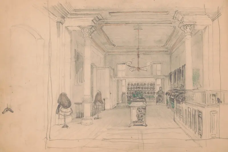 Interior of clothier, with rolls of fabric, dummies, and two men av James Fuller Queen