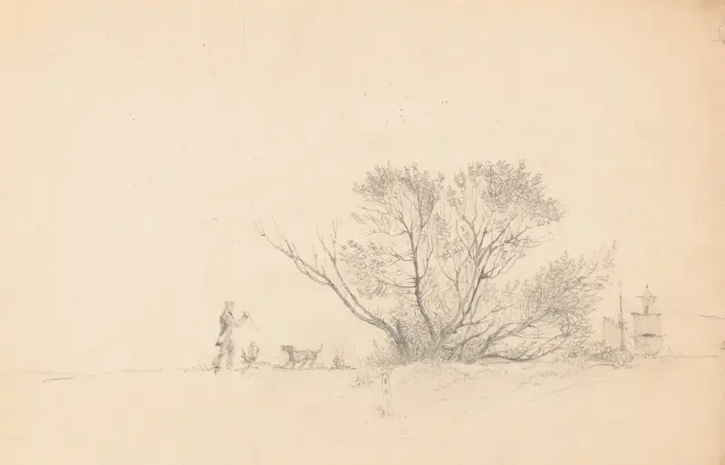 Man playing fetch with a dog near a cluster of trees, ship rigging under full sail visible on the right av James Fuller Queen