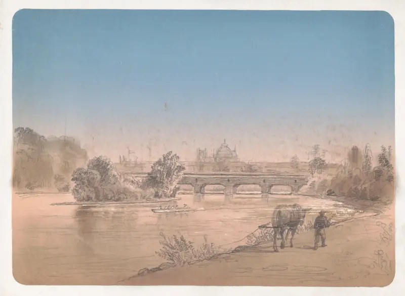 Man som går med mulåsna på en stig längs Schuylkill Rivers strand av James Fuller Queen