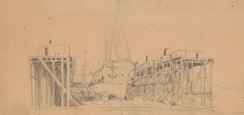 Ship in dry dock, probably Navy Yard av James Fuller Queen