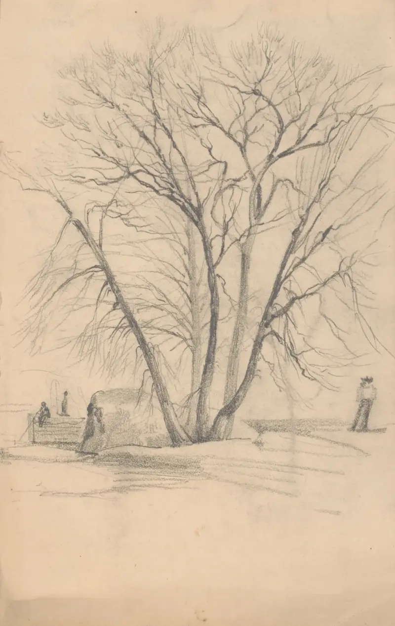 Sketch of a tree in winter beside a boulder at water’s edge, a man fishes from a wharf in the background av James Fuller Queen