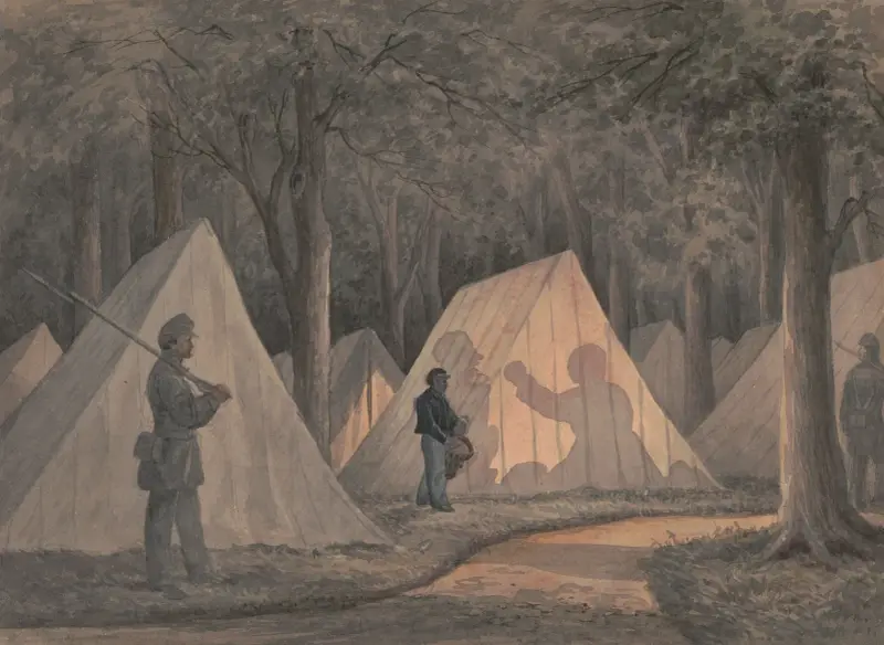 Skizzen mit Co. B, 8. Reg. Pa. Ma. – Zapfenstreich unter den Offizieren der alten Southwark Guard. Camp „Little Mac“ von James Fuller Queen