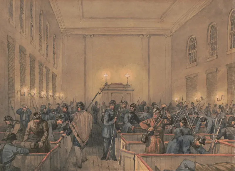 Skizzen mit der Kompanie B des 8. Regiments der Pennsylvania-Miliz unter den Offizieren der Old Southwark Guard in Chambersburg von James Fuller Queen