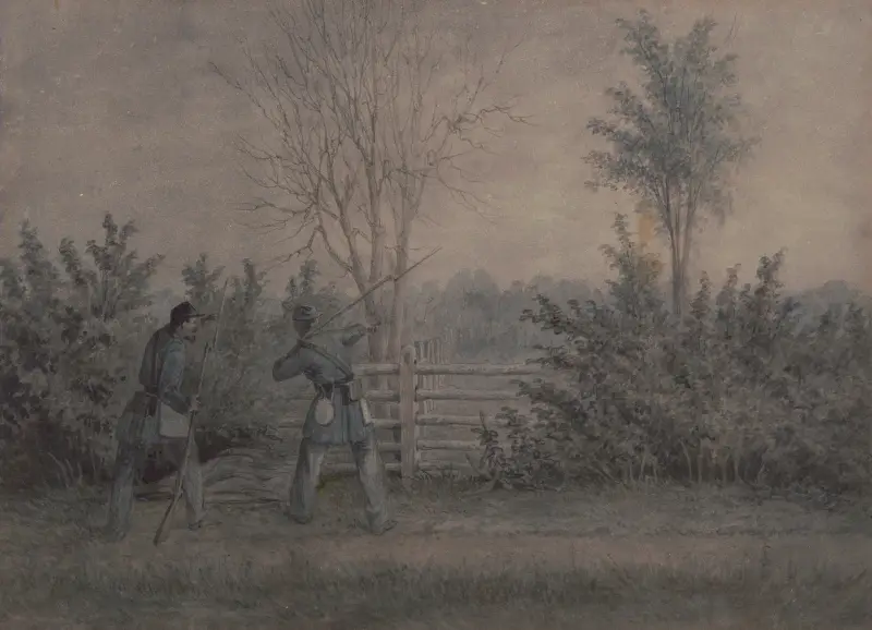 Sketches with Co. B, 8th Reg. Pa. Ma. under the officers of the old ‘Southwark Gaurd’ on ‘picket duty’ av James Fuller Queen