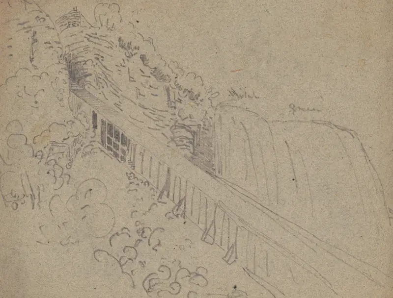 Tipple on mountain side extending from mine opening on upper left to bottom right av James Fuller Queen
