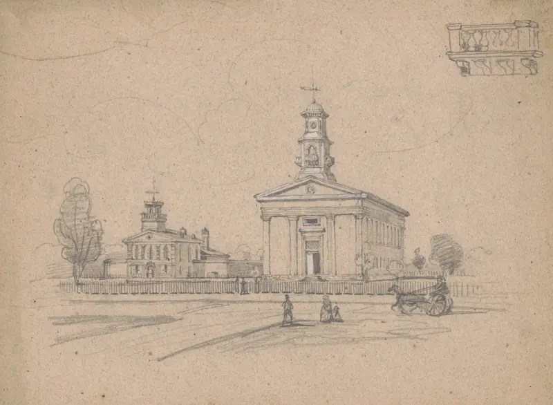Nicht identifizierte Kirche neben einem Haus im Greek-Revival-Stil an einer Stadtstraße mit Zaun und Fußgängern von James Fuller Queen