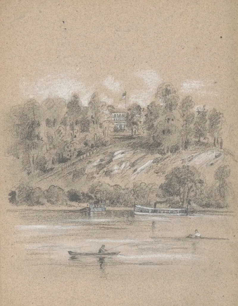 Utsikt från Schuylkill River mot en herrgård, möjligen Lemon Hill i Philadelphia, Pennsylvania av James Fuller Queen