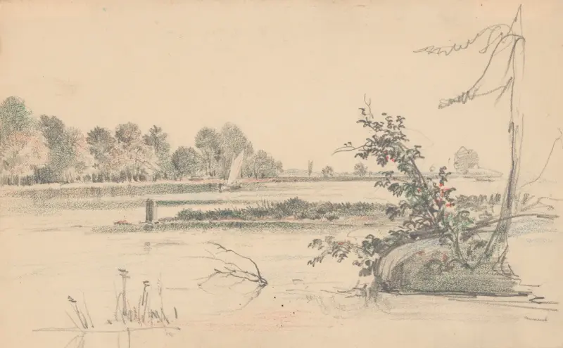 Vattenlandskap med Delawareflodens strand och en segelbåt i mitten av James Fuller Queen