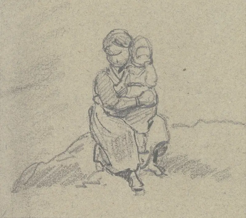 A girl holds a child on her lap and sits on a small slope, the child has brought her hand to her mouth av Jakob Fürchtegott Dielmann