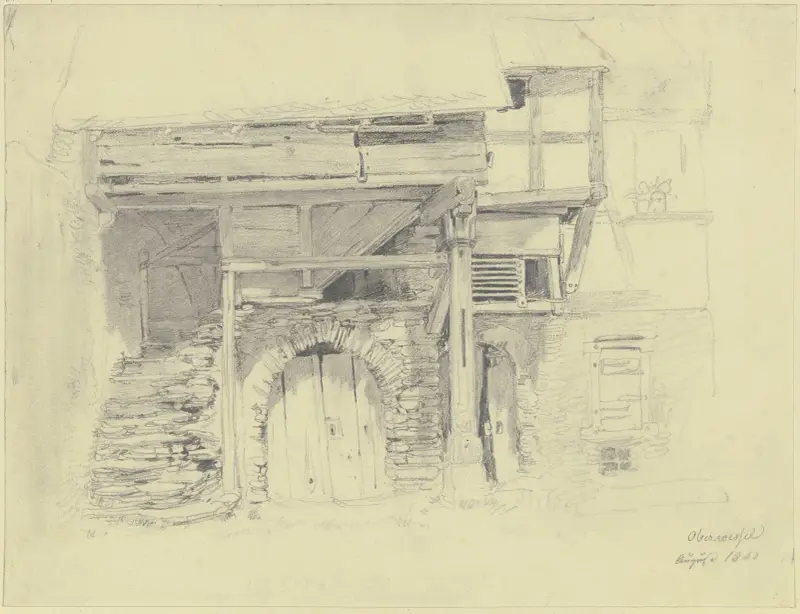 Altes Haus, Kellertor unter einer Treppe, die in einen Holzbau mit einer Säule führt av Jakob Fürchtegott Dielmann