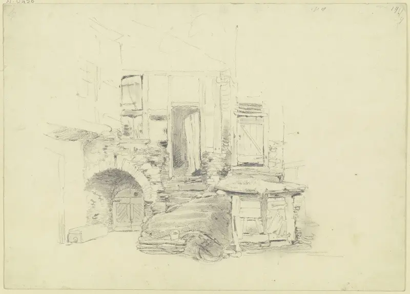 Bauernhaus auf altem Gemäuer, links das Kellertor, rechts der Schweinestall av Jakob Fürchtegott Dielmann