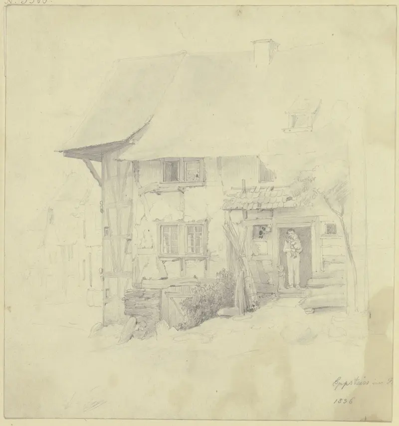 Bauernhaus in Eppstein, unter der Haustür steht ein Mann mit einem Kind auf dem Arm av Jakob Fürchtegott Dielmann