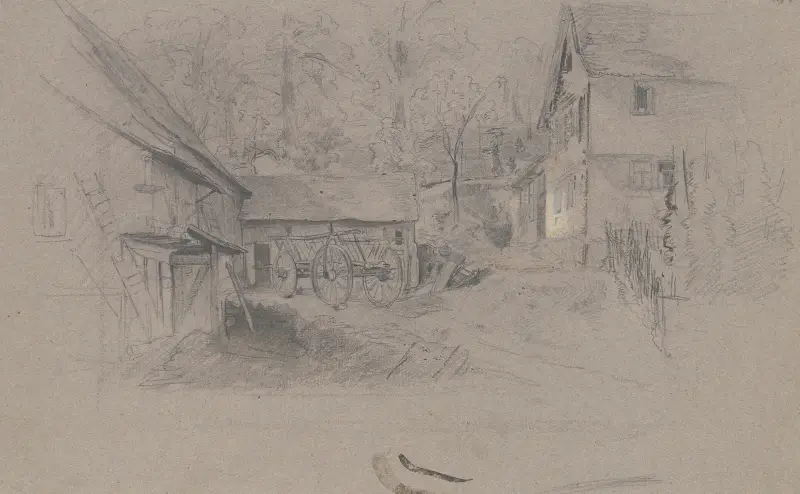 Bauernhof, links an den Ställen bei dem Mist steht ein Leiterwagen, rechts das Wohnhaus mit Zaun, im Hintergrund Bäume av Jakob Fürchtegott Dielmann