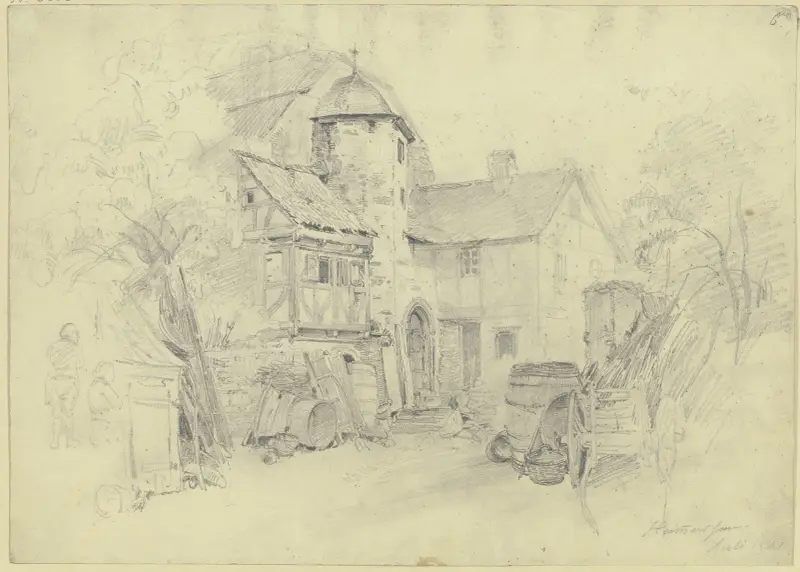 Bauernhof, rechts ein Wagen, Fässer und ein Korb av Jakob Fürchtegott Dielmann