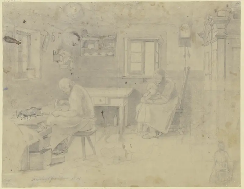 Bauernstube, links sitzt der Schuster an der Arbeit, rechts am Fenster die Frau mit dem Kind av Jakob Fürchtegott Dielmann
