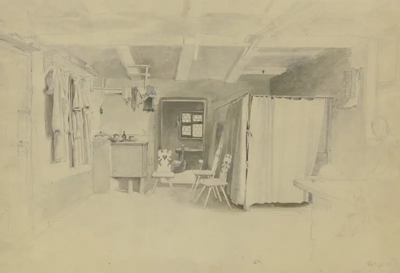 Bauernstube, rechts das Bett mit Vorhang, an der Wand hängt ein Paar Stiefel, links der Ofen, an der Wand hängen verschiedene Kleider av Jakob Fürchtegott Dielmann