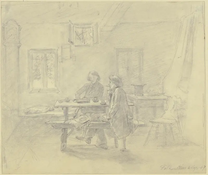 Bauernstube, zwei Maler beim Kaffee, der eine raucht eine Pfeife, der andere eine Zigarre av Jakob Fürchtegott Dielmann