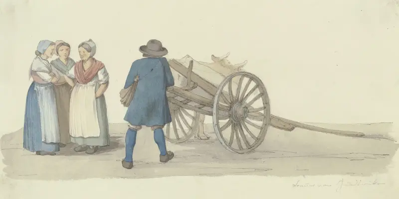 En bonde och tre kvinnor från Hunsrück vid en kärra, bakom en ko av Jakob Fürchtegott Dielmann