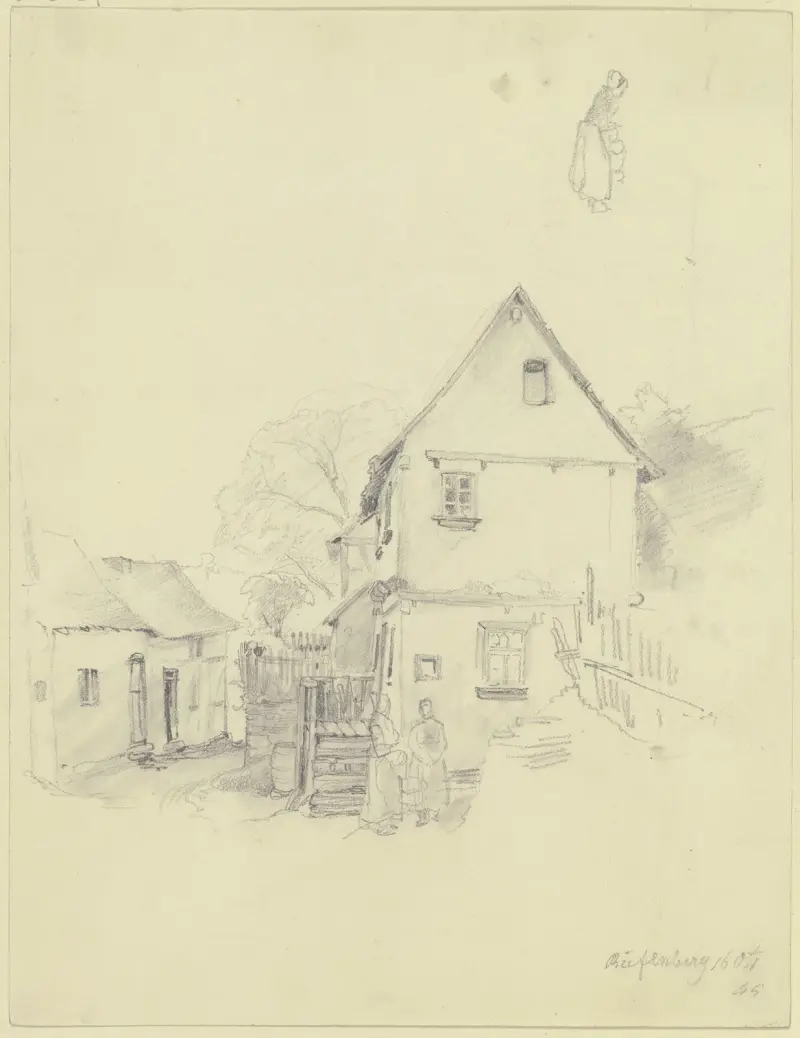 Ein Haus, vor demselben stehen zwei Frauen am Brunnen, oben Entwurf zu einem Mädchen mit einem Korb av Jakob Fürchtegott Dielmann