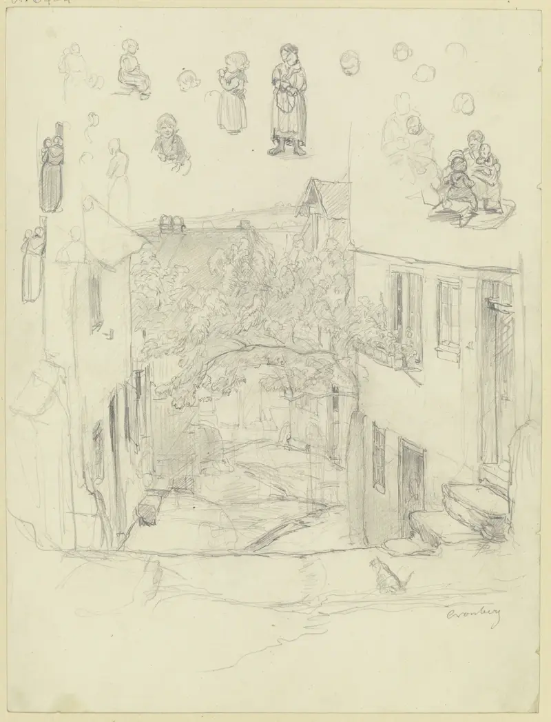 Studieblad; Vy över en gata i Kronberg, ovan olika figurstudier av Jakob Fürchtegott Dielmann