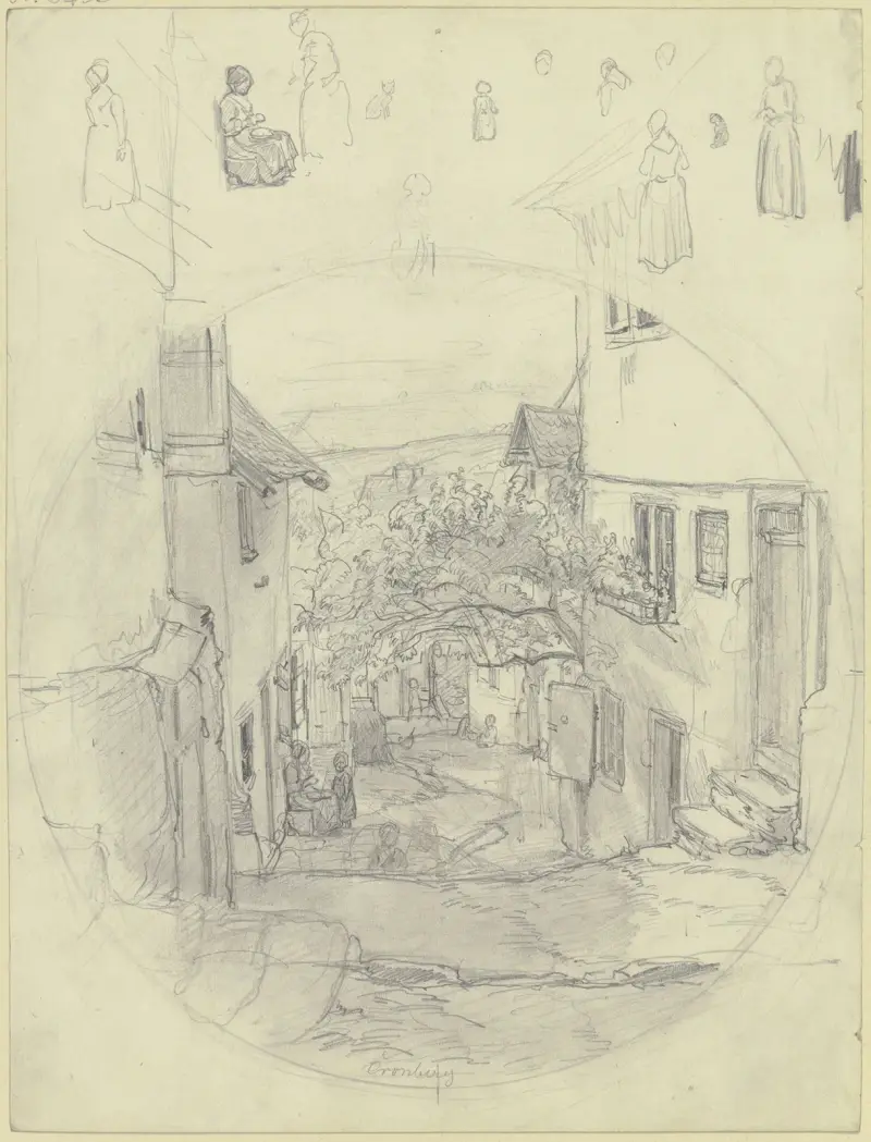Studienblatt; Ansicht einer Straße in Kronberg, oben verschiedene Figurenstudien von Jakob Fürchtegott Dielmann