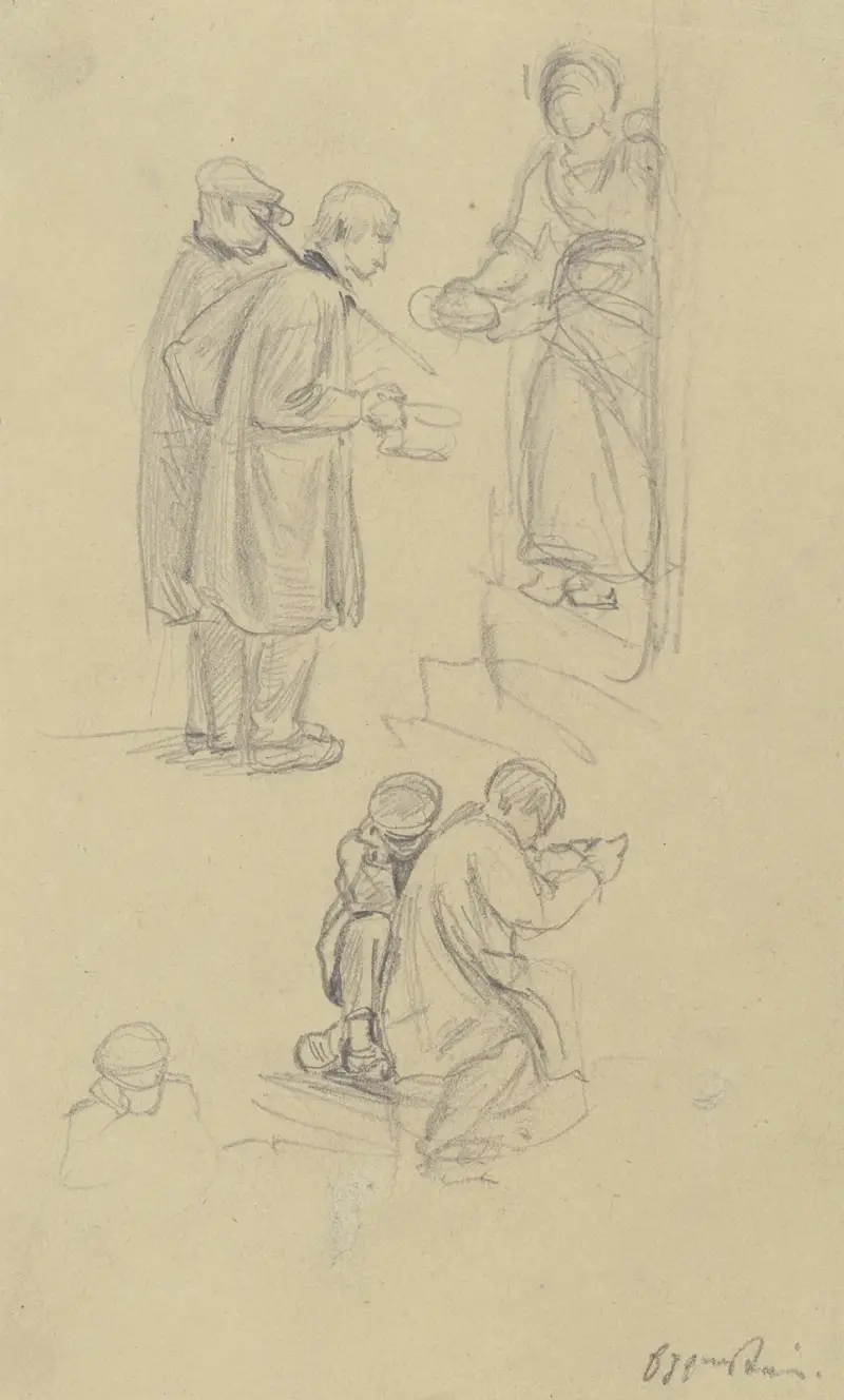 Studienblatt; Eine Frau an der Haustür gibt zwei Bettlern ein Stück Brot, darunter eine kniende und eine sitzende Figur von Jakob Fürchtegott Dielmann