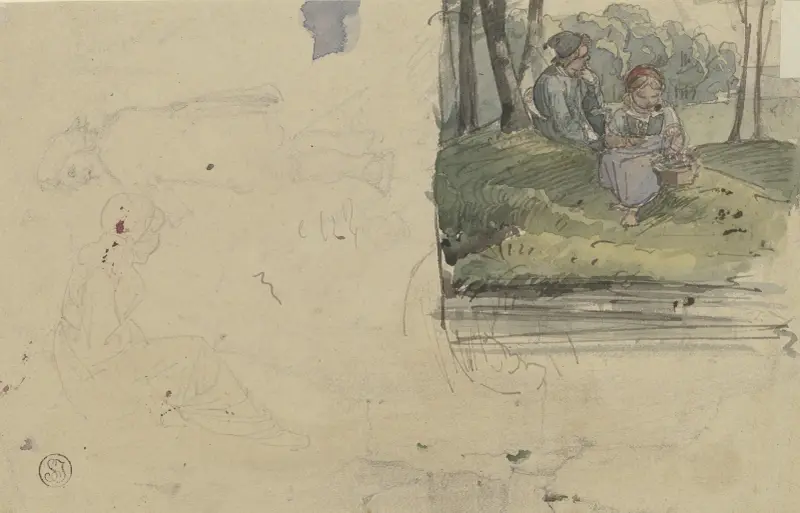 Studieblad; Figurer och en flicka med en pojke sittande i skogen av Jakob Fürchtegott Dielmann