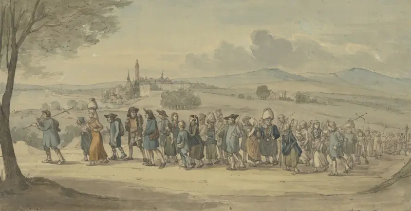 Walldürer-pilgrimer passerar staden Höchst vid Main av Jakob Fürchtegott Dielmann