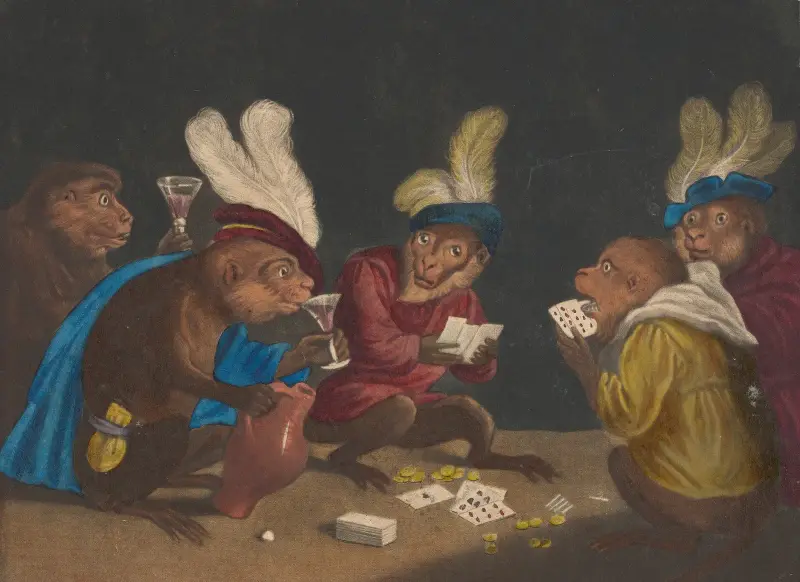 The Singerie [Five monkeys playing cards] av Alexandre-Gabriel Decamps