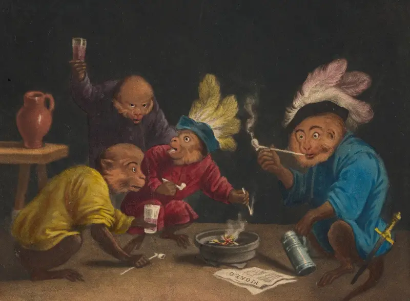 The Singerie [Four monkeys smoking pipes] av Alexandre-Gabriel Decamps
