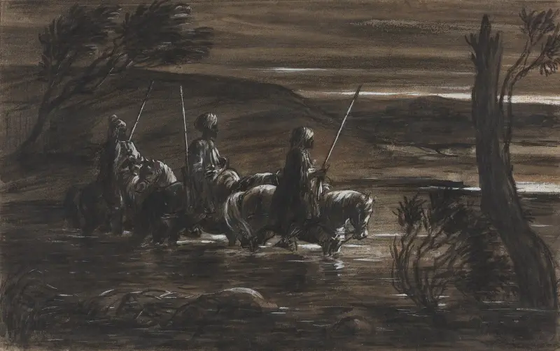 Tre arabiska ryttare som korsar en flod av Alexandre-Gabriel Decamps